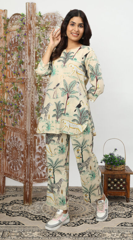 Beige Jungle Organic Printed Pure Cotton Loungewear Set