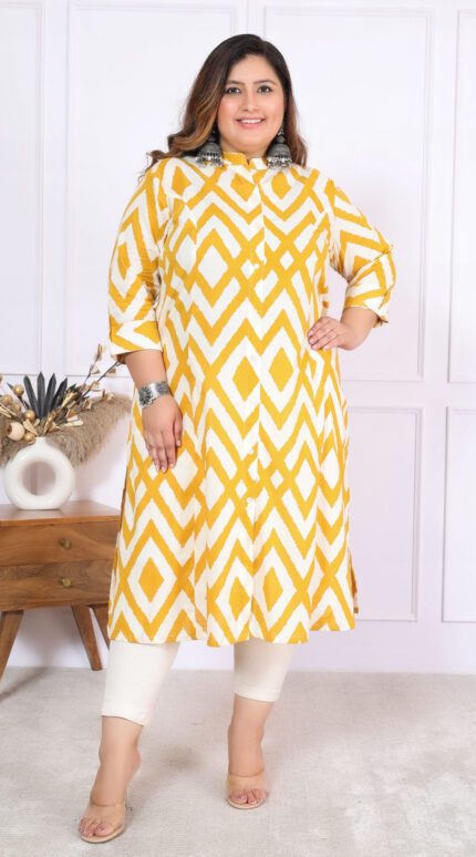 Plus Size Yellow Cotton Floral Print Embroidered Long Kurta