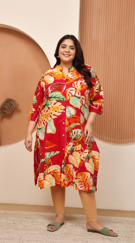 Plus Size Multi Cotton Print Long Kurta