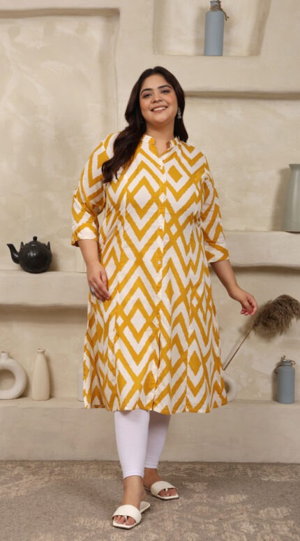 Plus Size YELLOW Cotton Print Long Kurta
