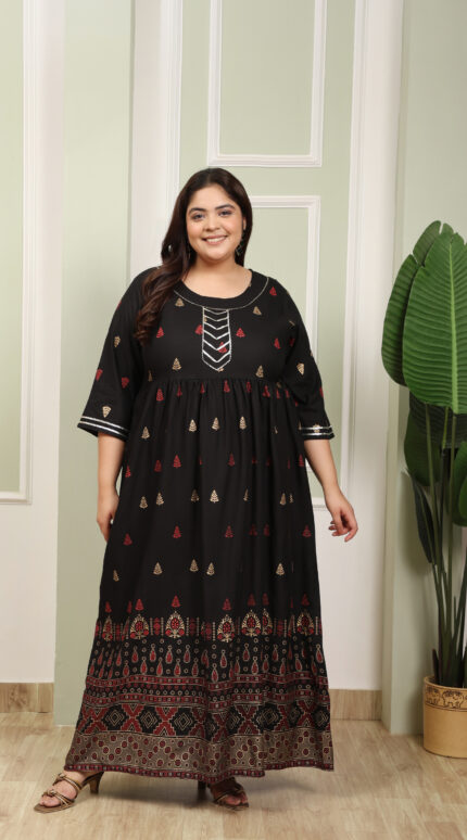 Plus Size Black Cotton Print Gown